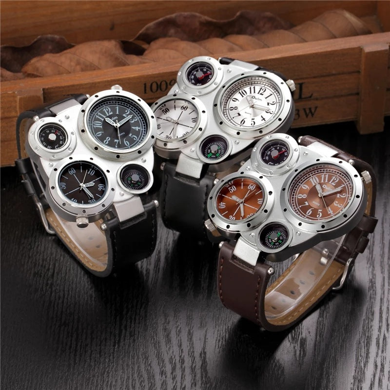 Compass Quartz Watch Two Time Zones